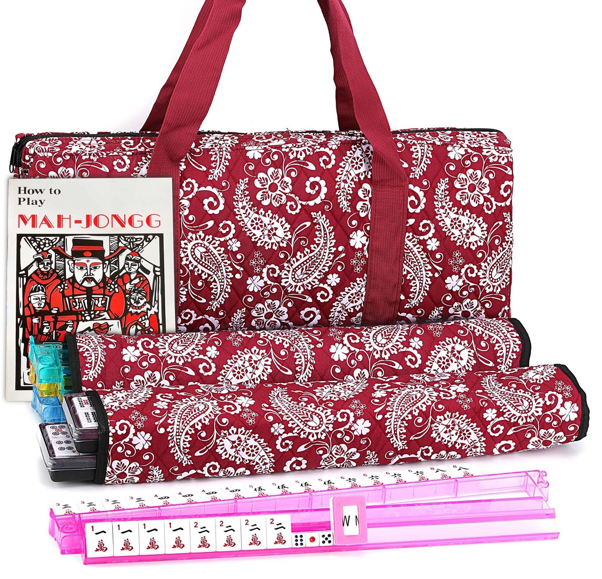 Mose Cafolo American Mahjong Game Set  Red Paisley Carrying Bag 166 enhanced White Tiles  All-in-One Color Rack/Pushers  Chips Wind Indicator  English Manual Complete Mah jongg  Mahjong Tiles Set