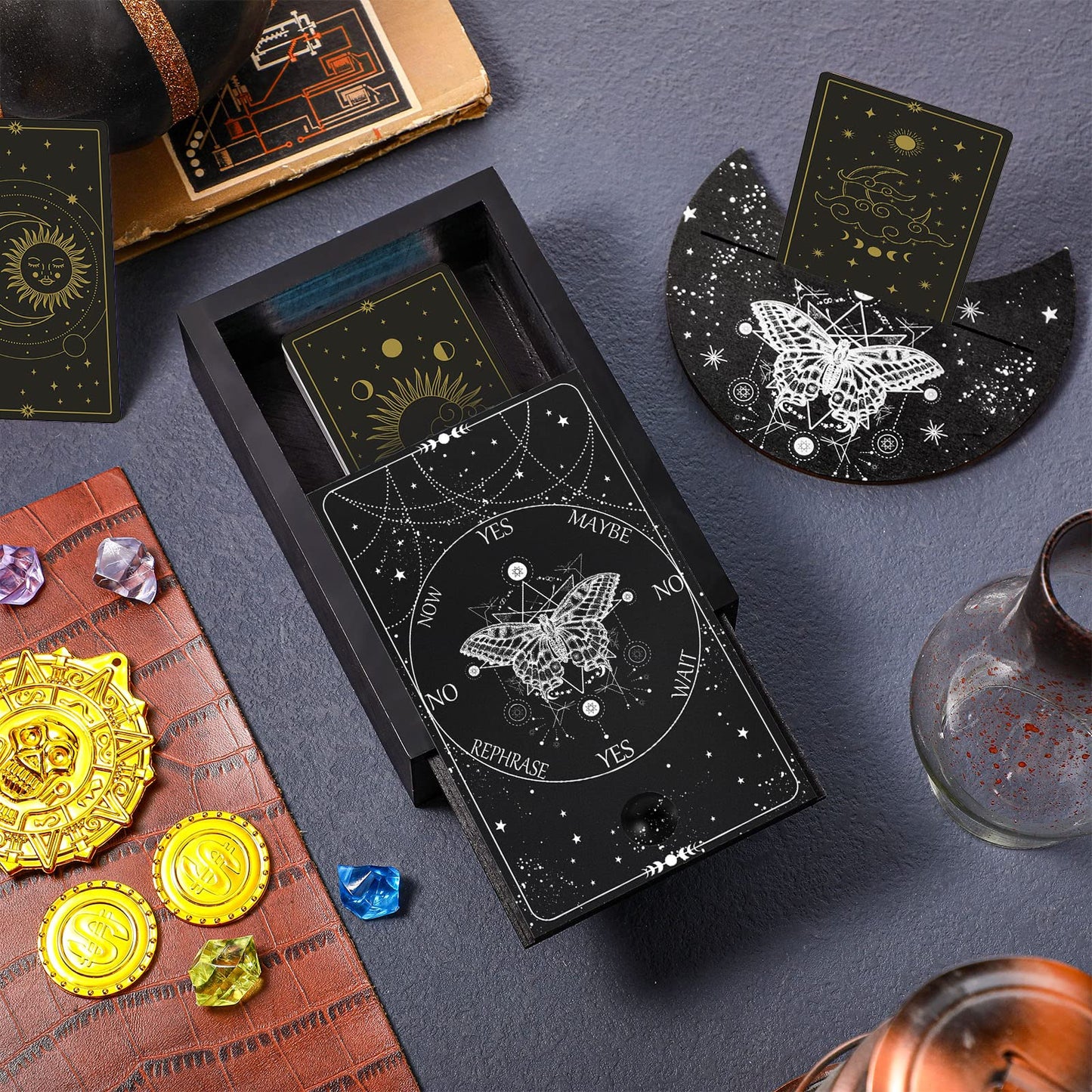 Wooden Tarot Card Case And Wooden Tarot Card Stand Holder, Tarot Cards Box Fortune Telling Trinket Keepsake Box With Pendulum Board Moon Shape Tarot Card Altar Display Stand For Witch (Stylish Style)