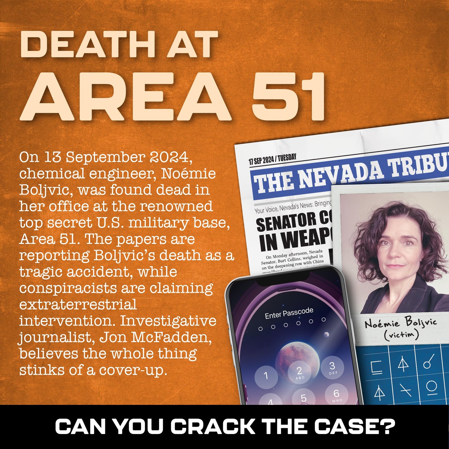 Lucky Egg MMC Death at Area 51 Murder Mystery Game – 1-10 Players, 47 Evidence Pieces, 150 Min Gameplay, Model LE39, Plastic, 25.5x36 cm