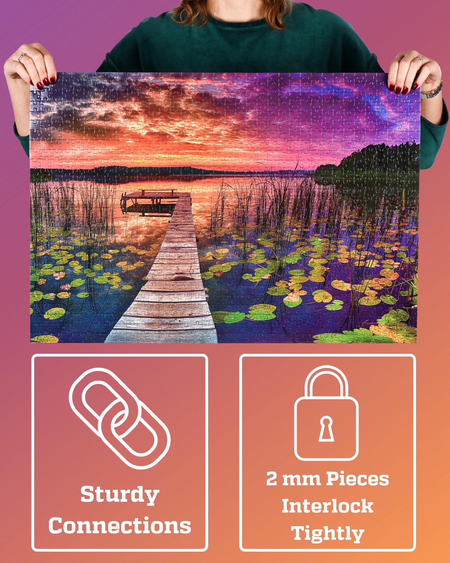 Puzzles for mature-themeds 1000 Pieces - Ideal Gift for Loved Ones  Gift-Ready Box  Letters on Back  8 Jigsaw Puzzle Saver Sheets & Full-Size Poster - Scenic Landscape Sunset with Dock & Lilies by GERJATO