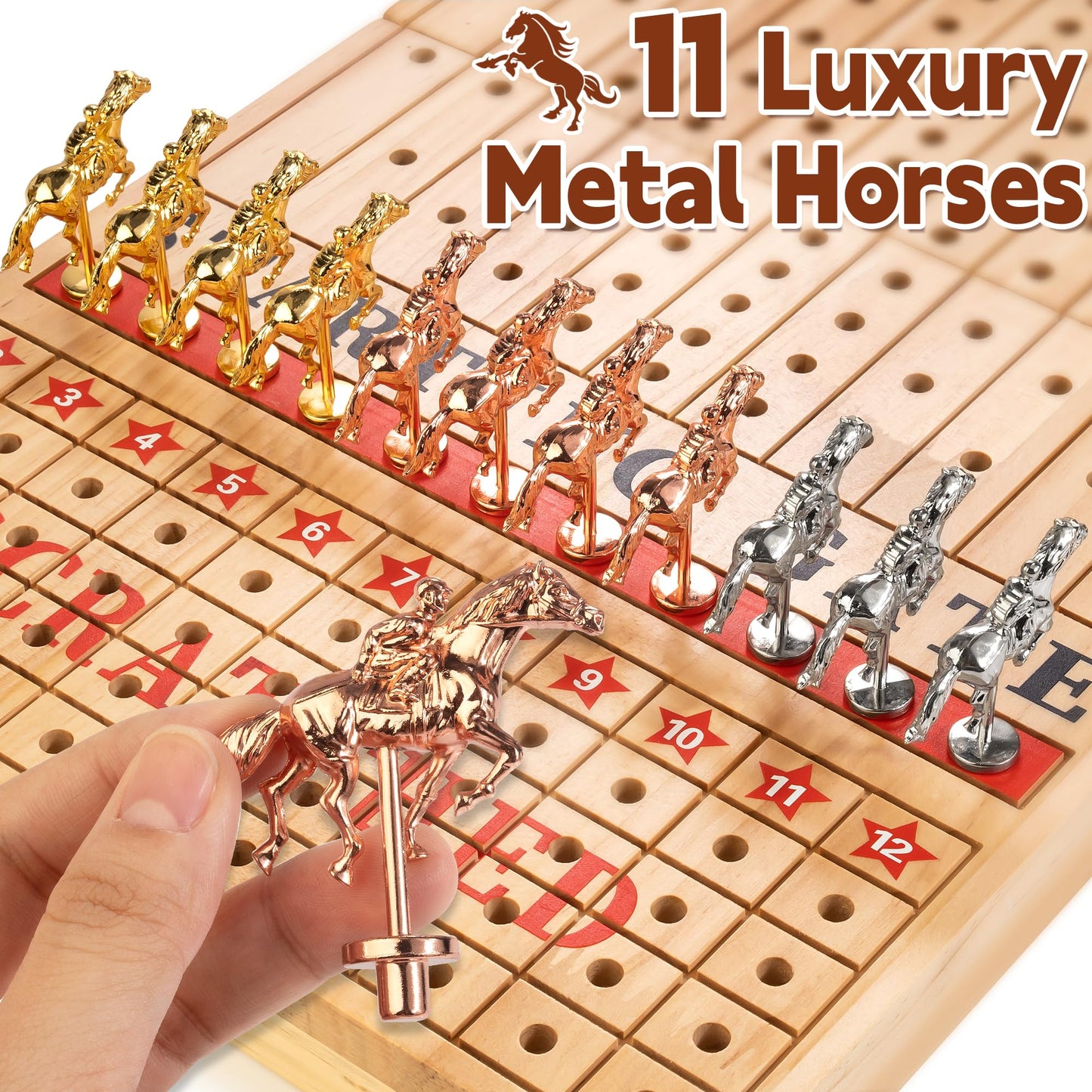 Bravmate Large 21 Inches Horse Race Board Game, Solid Wood Foldable Horse Racing Game With 11 Luxury Metal Horses, 2 Wooden Dice
