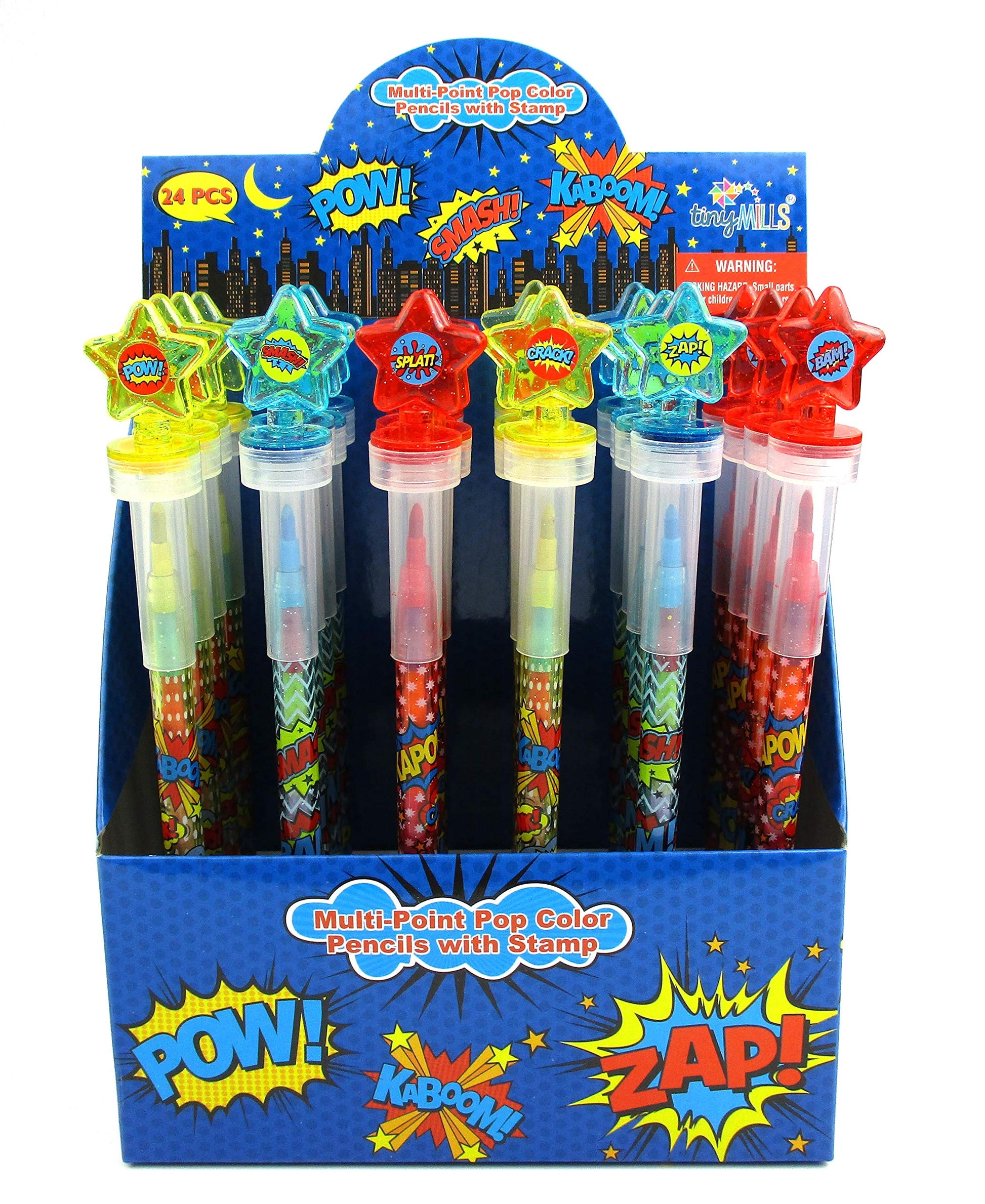 TINYMILLS 24 Pcs Superhero Rainbow Stackable Crayon with Stamper Topper