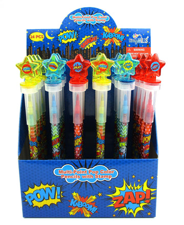 TINYMILLS 24 Pcs Superhero Rainbow Stackable Crayon with Stamper Topper