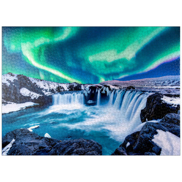 MyPuzzle 1000 Piece Jigsaw Puzzle - Northern Lights Over Godafoss Waterfall, Cardboard, Multi Color, Premium Quality