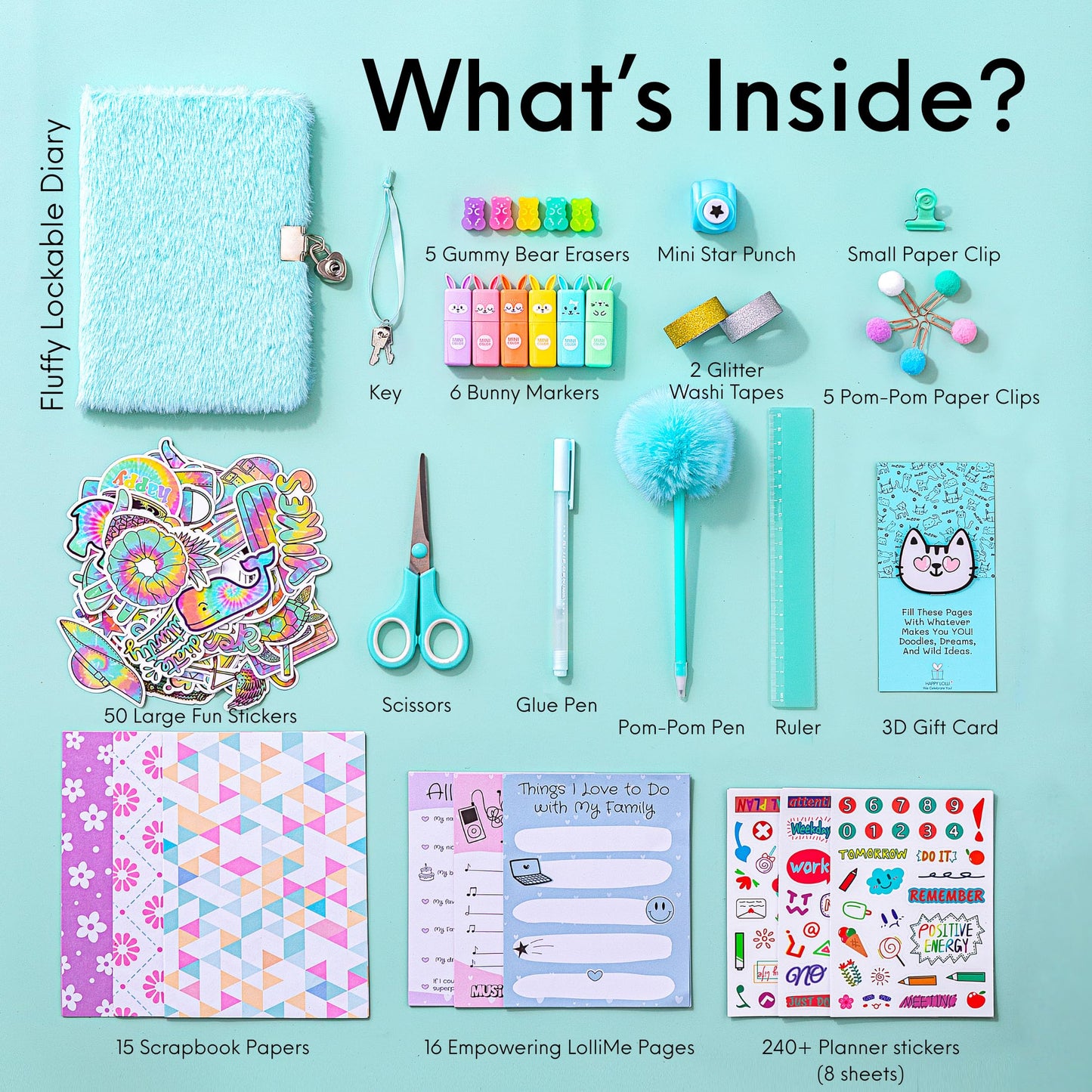 HAPPY LOLLI Mint LolliME DIY Journal Kit – 300+ Pieces, Lockable Diary, Markers, Stickers, Empowering Pages for Girls