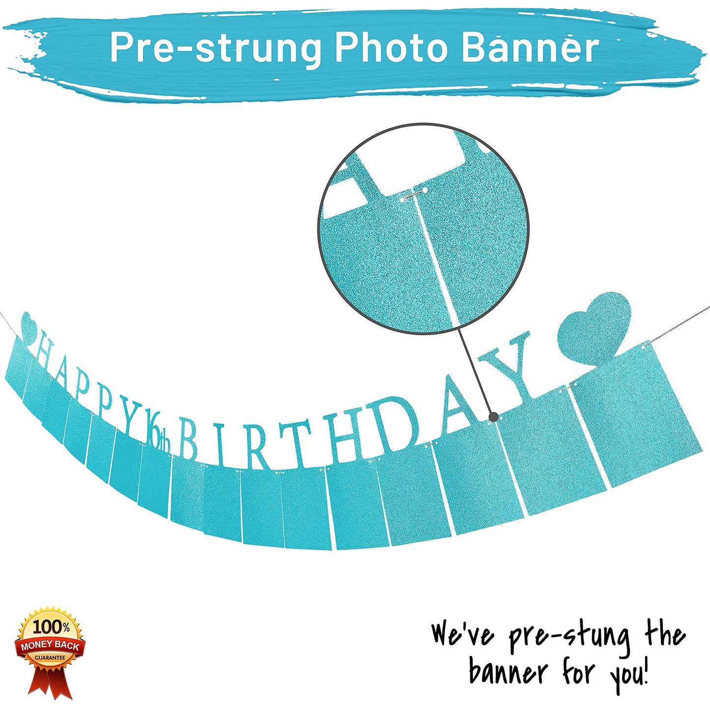 Sweet 16 Birthday Decorations Photo Banner In Blue Pre-Assembled - Sweet 16 Banner With Sixteen Photo Card Frames Party Supplies