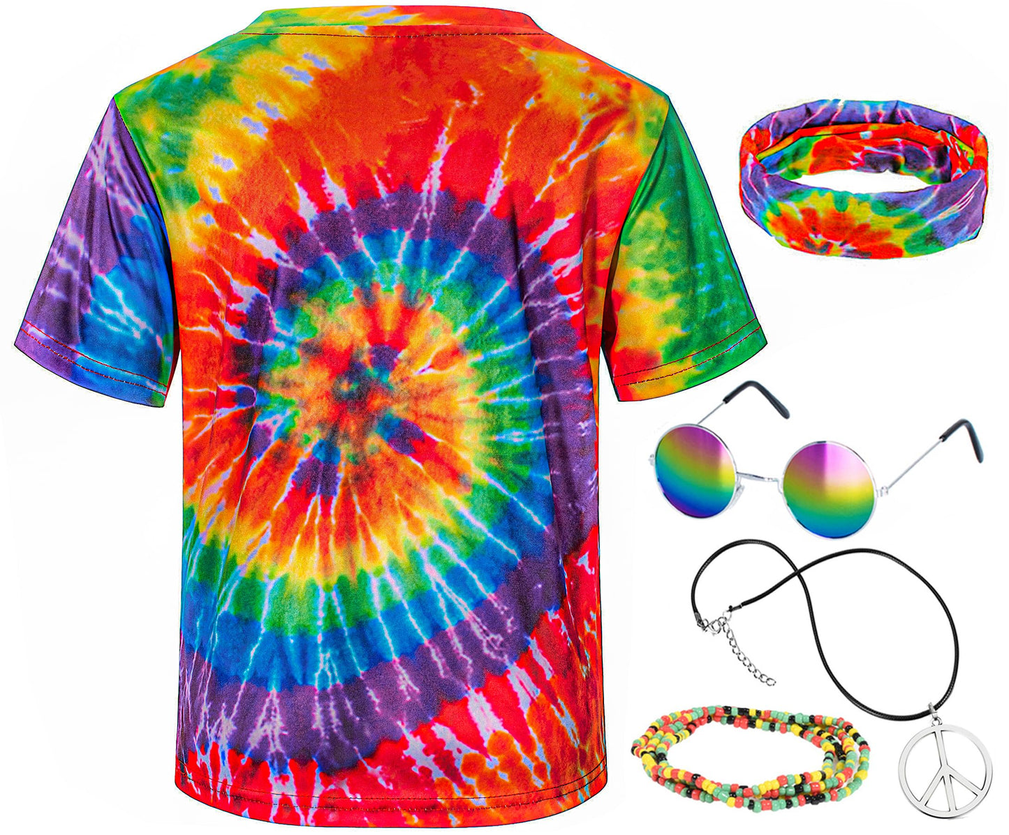 Kids Hippie Costume For Boys Girls 60S 70S T-Shirt 5Pcs Set For Halloween Party 9-10 Years Colorful