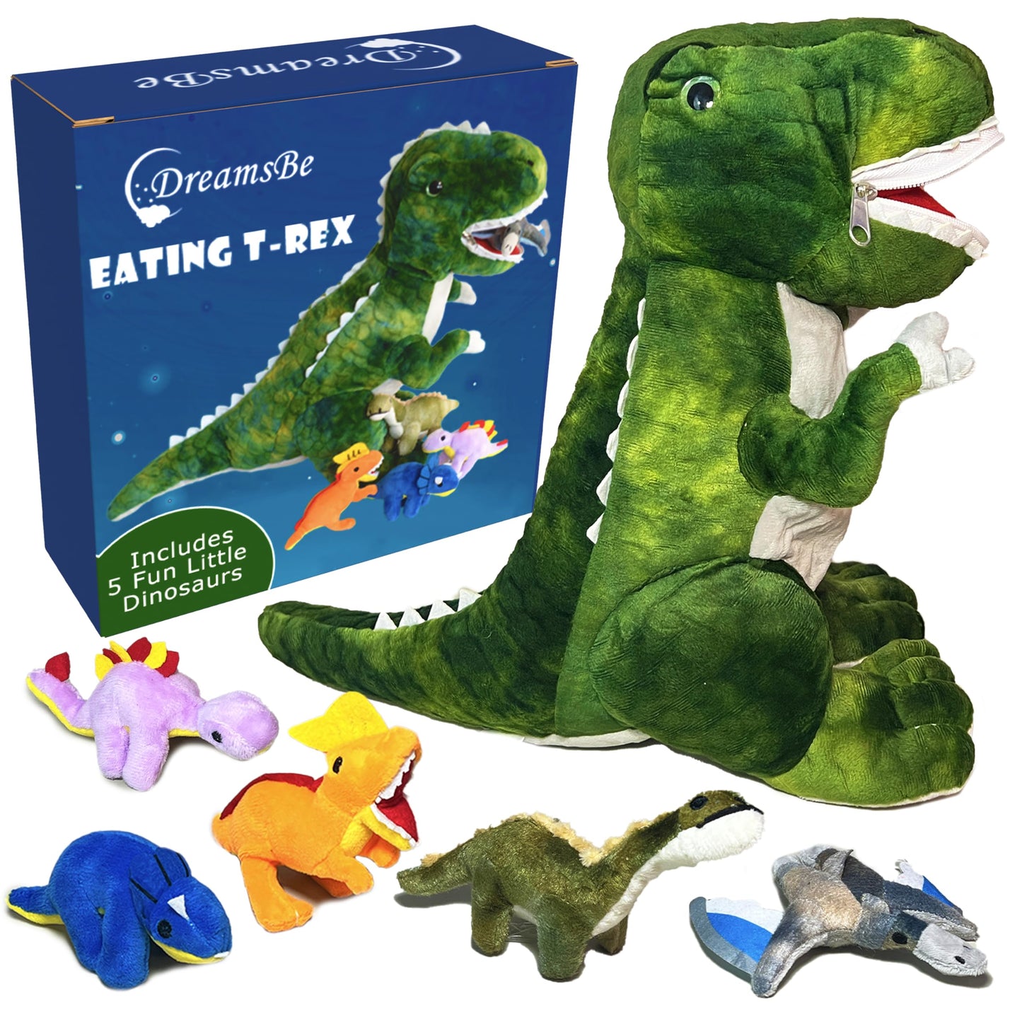 Dreamsbe Dinosaur Stuffed Animal T-Rex And 5 Little Dinos For Boys & Girls - Plush Stuffie With Zippered Pocket Eating Dinosaurs Gift Ages 3 4 6 7 8 9 Years