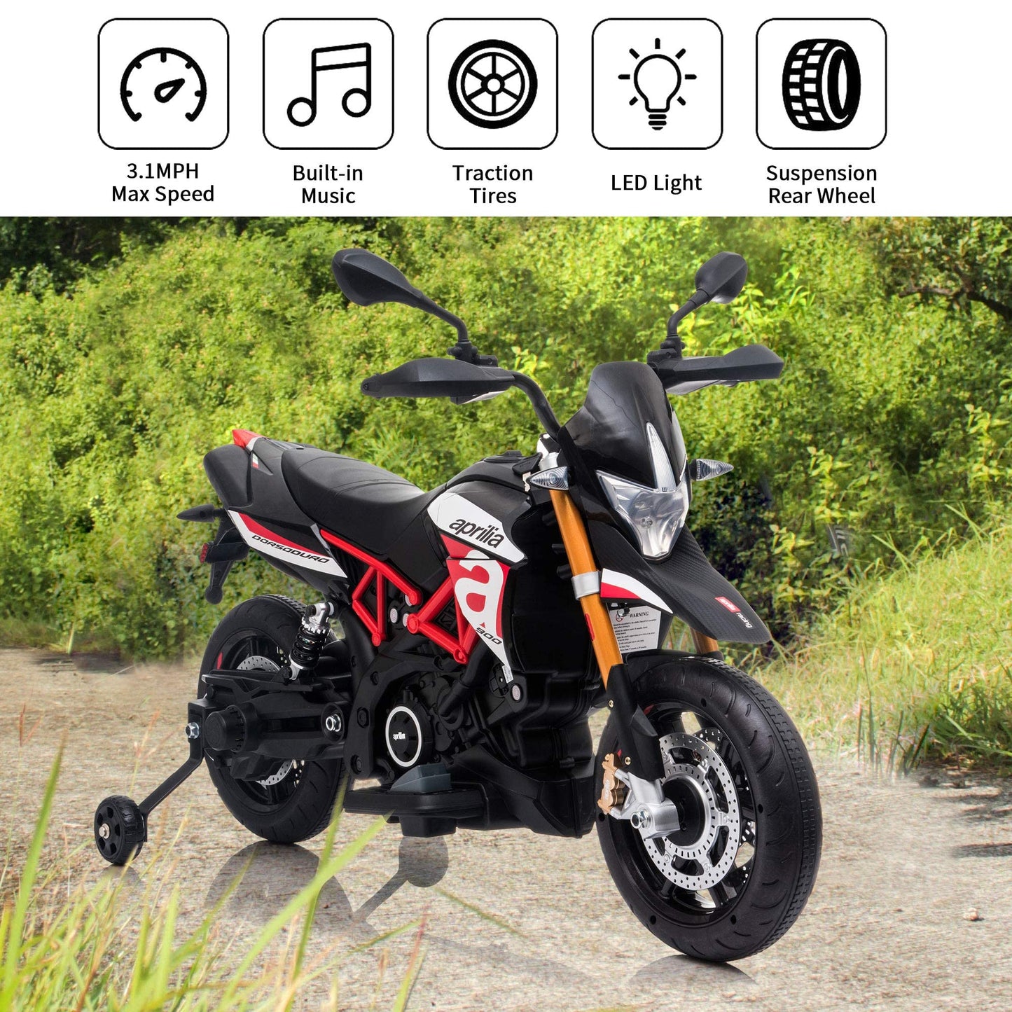 Tobbi 12V Aprilia Licensed Kids Ride-On Motorcycle Dirt Bikes For Kids With Training Wheels, Spring Suspension, Lights, Music Story Usb Mp3 (Red)