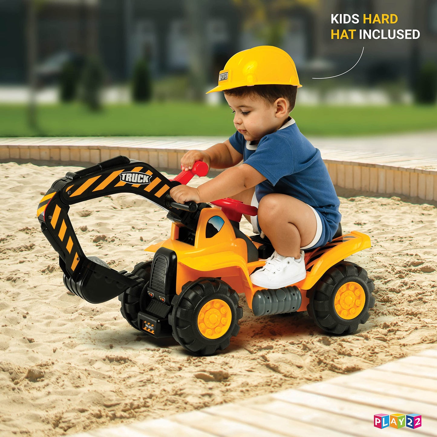 Play22 Toy Tractors for Kids Ride On Excavator - Music Sounds Digger Scooter Bulldozer Includes Helmet with Rocks - Pretend Play