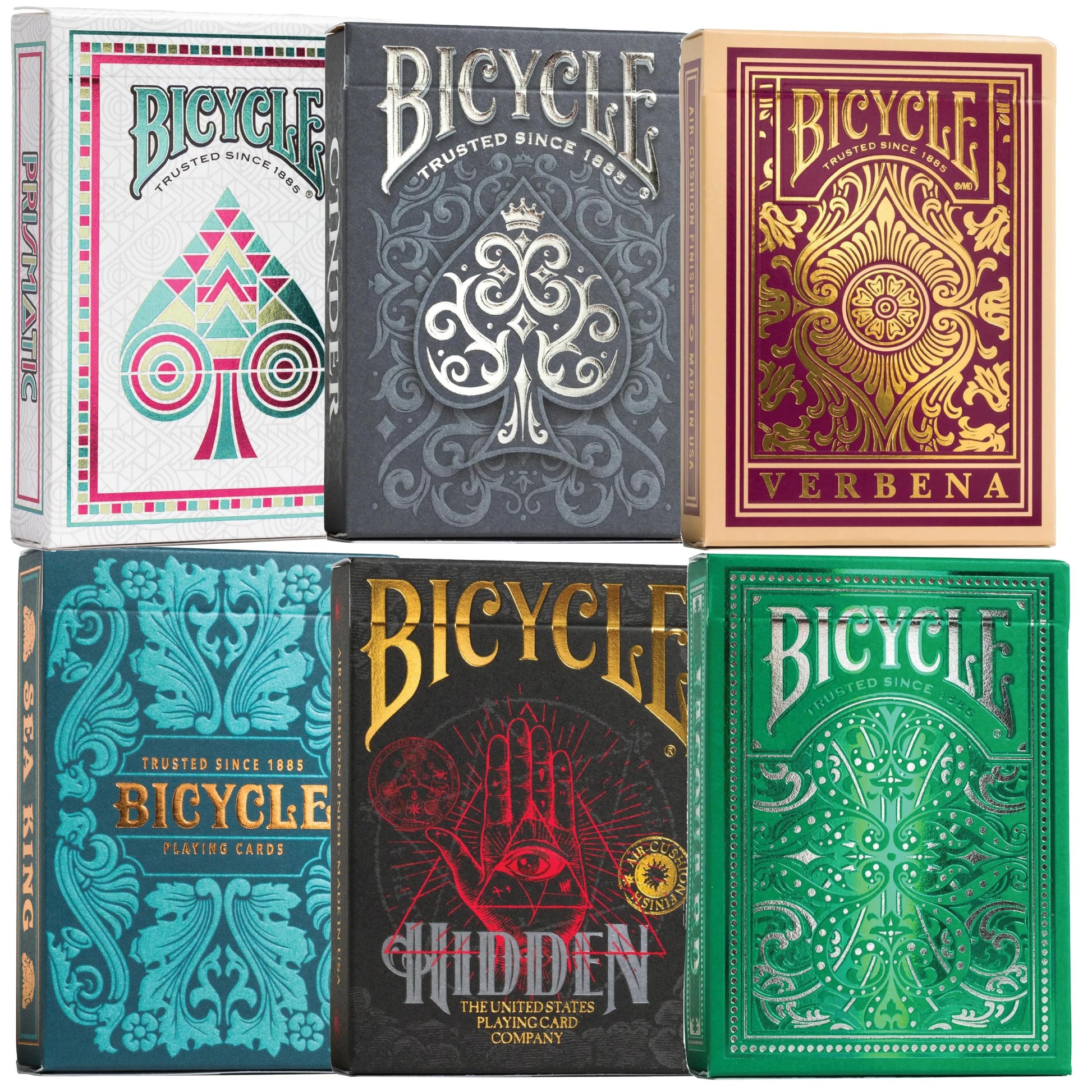 Bicycle Collector's Edition: 6-Deck Bundle Featuring Jacuard  Sea King  Hidden  Cinder  Verbena and Cold Foil Prismatic Decks