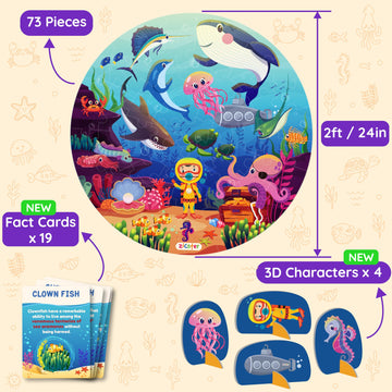 Jumbo 70 Piece Round Floor Puzzles For Kids Ages 3-5, 6-8, Large Jigsaw Puzzle About Underwater Animals Oceans Sea Creatures, 20