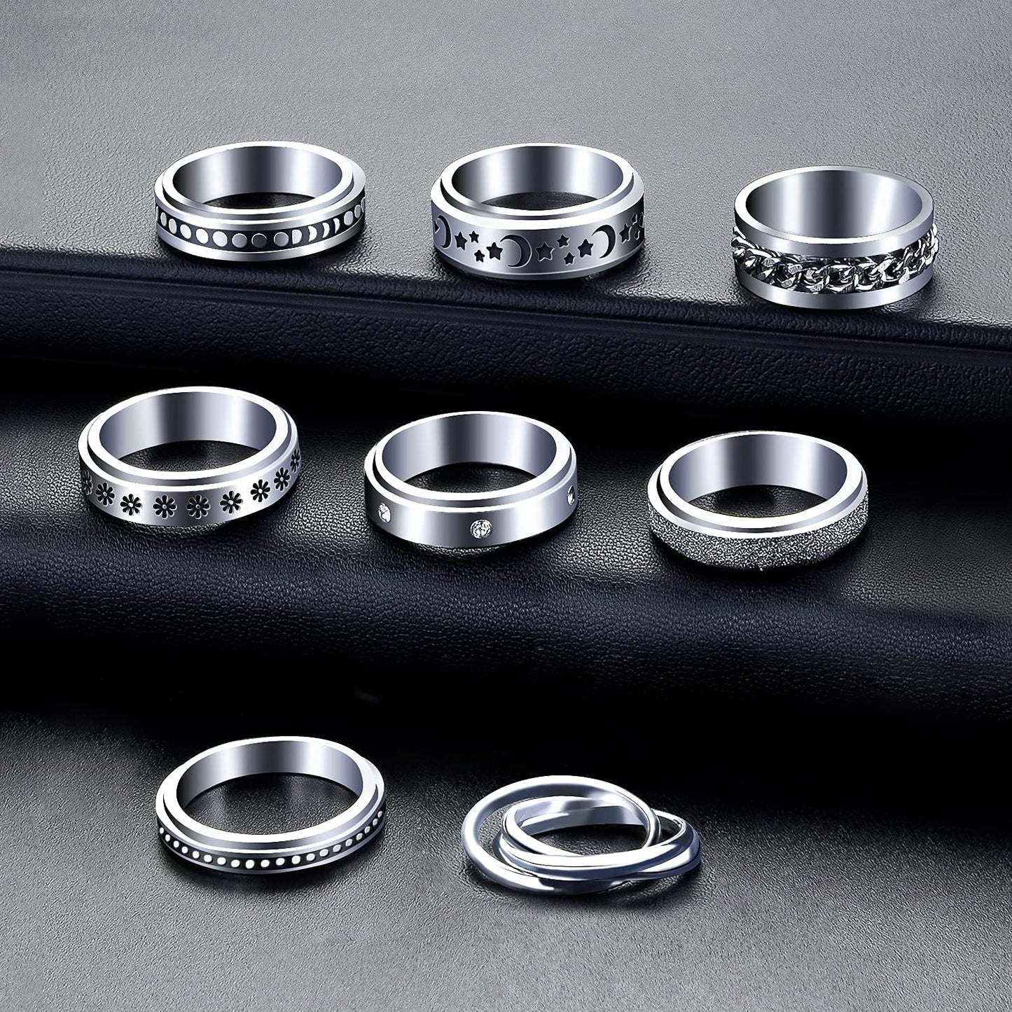 Mucal Fidget Rings For Anxiety 8Pcs Stainless Steel Spinner Ring Anti Spinning Moon Star Cool Stress Relieveing Women Men, Silver, 9