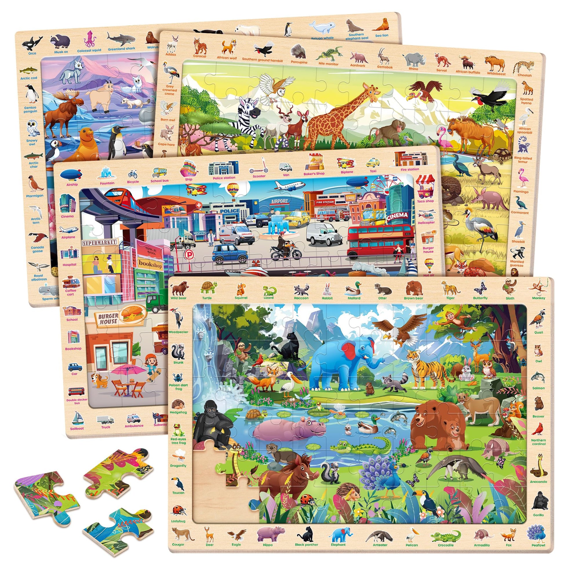 SYNARRY Wooden Puzzles for Kids Ages 4-6  4 x 60 Piece Match & Find Puzzles for Kids Ages 3-5 Boys Girls  Educational Toys Gifts for 4-8 yo for Learning Jungle Savannah Polar Animals & City Life