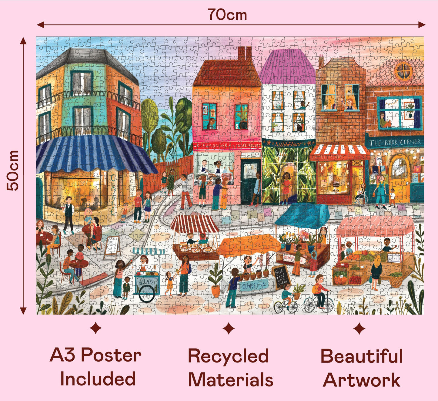 Elena Essex Puzzles 1000 Pieces - Market Day  Puzzles for mature-themeds 1000 Pieces  Summer Landscape Shops Village Town Scene Puzzle  Size 28 x 20 inches