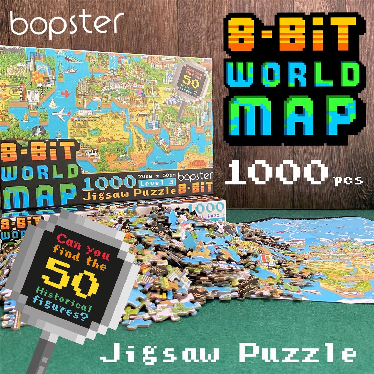 1000 Piece Puzzle - World Map mature-themed Puzzles Retro Gaming Style 8-bit Jigsaw Puzzles 1000 Pieces for mature-themeds and Kids with 50 Famous People to Find! Made Using 100% Recycled Cardboard - by bopster
