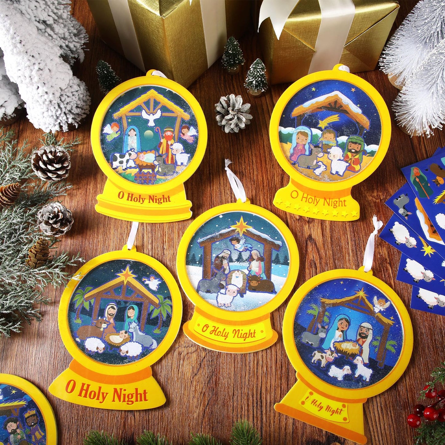 Frienda 48 Set Christmas Shaking Nativity Snow Globe Craft Kit Make a Jesus Birth Snowglobe Stickers Ornament Bulk with Glitter