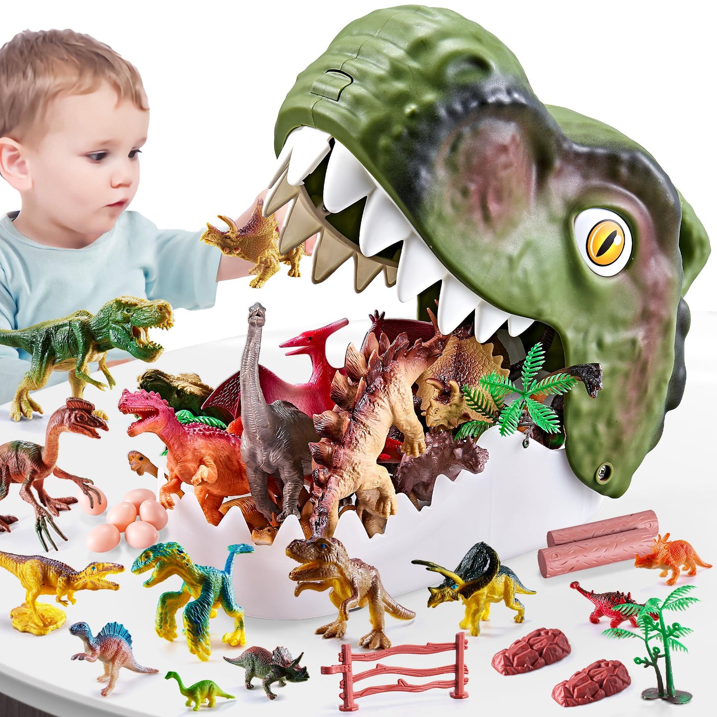 XINSITE 46PCS Dinosaur Toys Playset - Realistic Jurassic Figures with Eggs, Trees & Fence - Multicolor for Kids 3-7 Years