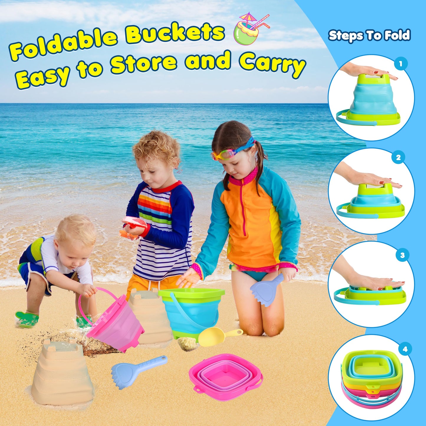 Xgunion Collapsible Beach Sand Bucket 3 Packs Foldable Sand Buckets Set with Shovels & Mesh Bag Collapsible Beach Toys for Kids