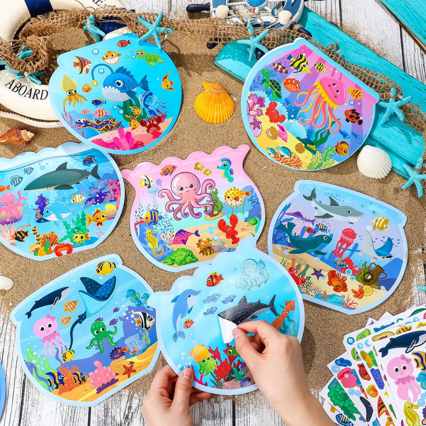 Frienda 48 Set Summer Craft Kit Fishbowl Under The Sea Sticker Crafts Bulk DIY Ocean Sea Animals Scene Stickers Shark Clown Fish