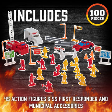 Fireman Action Figure Toys- 100Pc Firefighter Figurines Playset Includes Firemen, Firetrucks, Ambulances, Rescue Boats & More- G