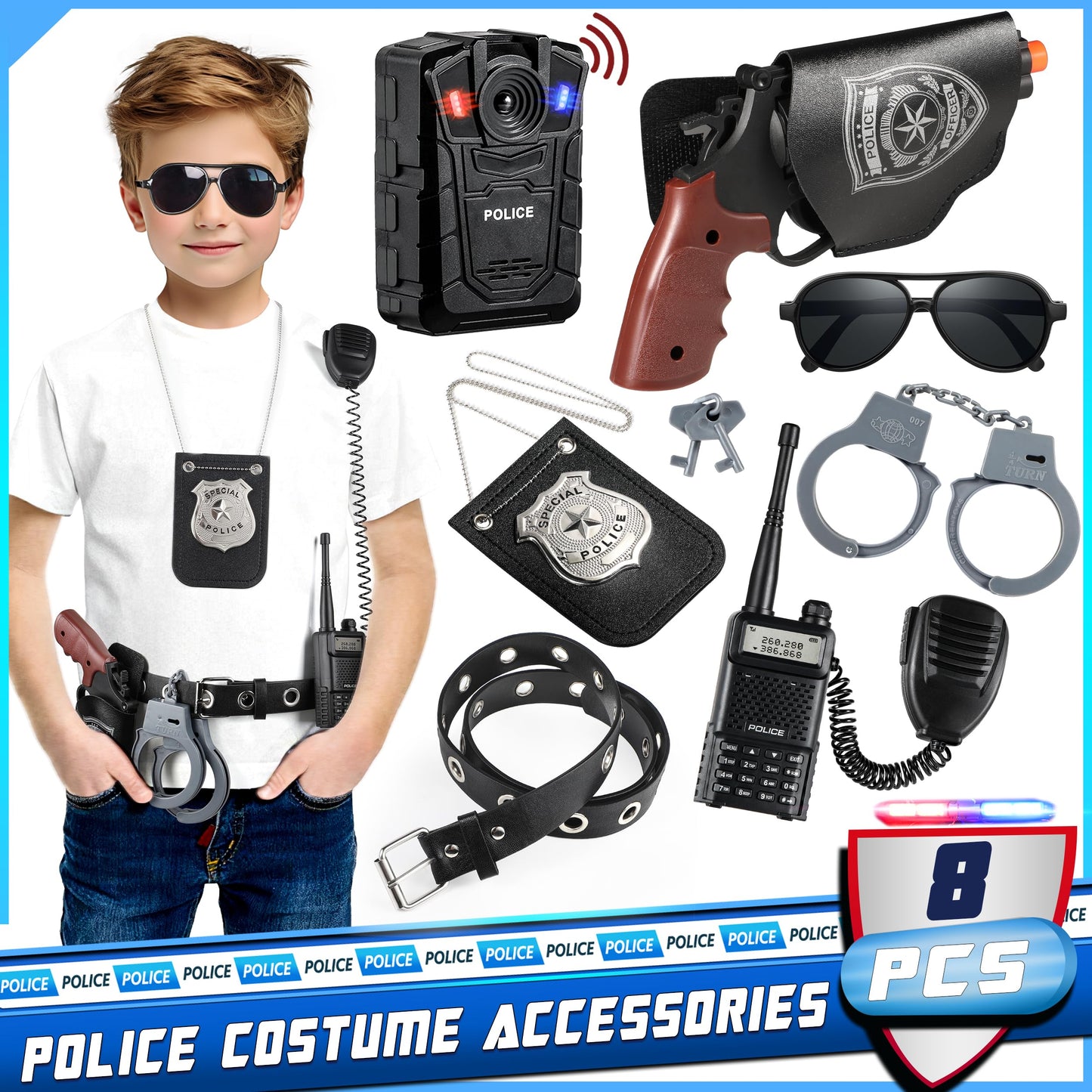 Deluxe All-In-One Police Accessories Role Play Set For Kids, Include Police Badge, Handcuffs, Belt. 8Pcs Cop Accessories, Hallow
