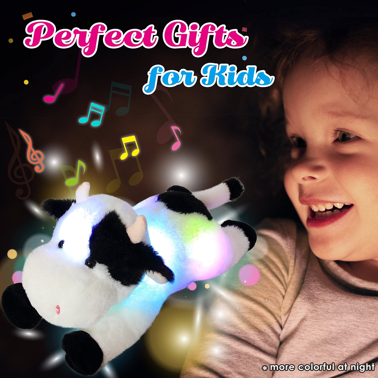 Cuteoy Musical Plush Cow Stuffed Animal Soft Glowing Led Light-Up Nightlight Toys Singing Lullabies Birthday Christmas Plushies Gifts For Kids Boys Girls,15.5'