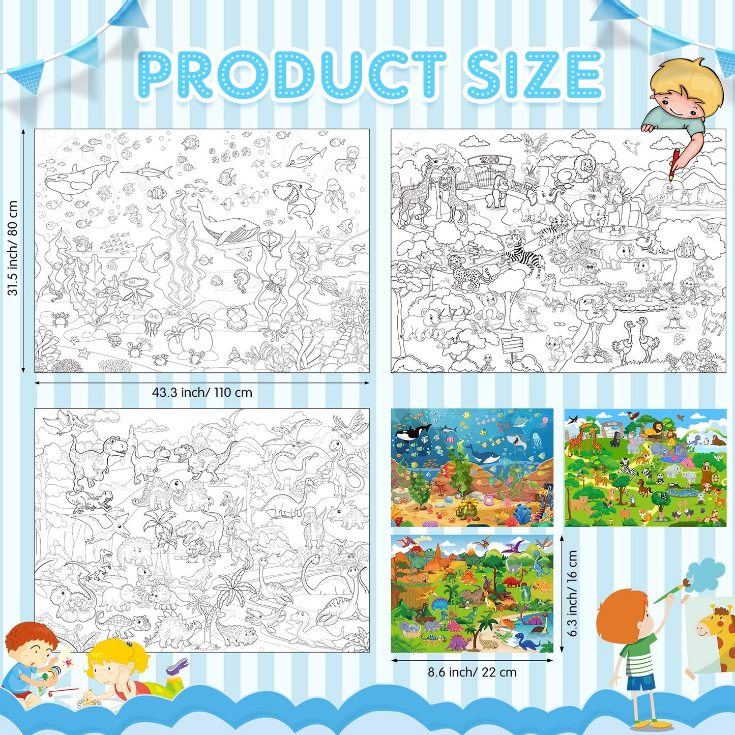 Funrous Set of 3 Jumbo Giant Coloring Poster 45 x 32 Inch Large Table Wall Size Coloring Sheets with Zoo Animal, Ocean Creature,