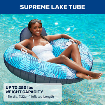 Aqua Leisure Oversized Supreme Lake Tube Float, 48" Heavy Duty Pool Chair, Soft Fabric, Blue/White Fern, Model AZL20341