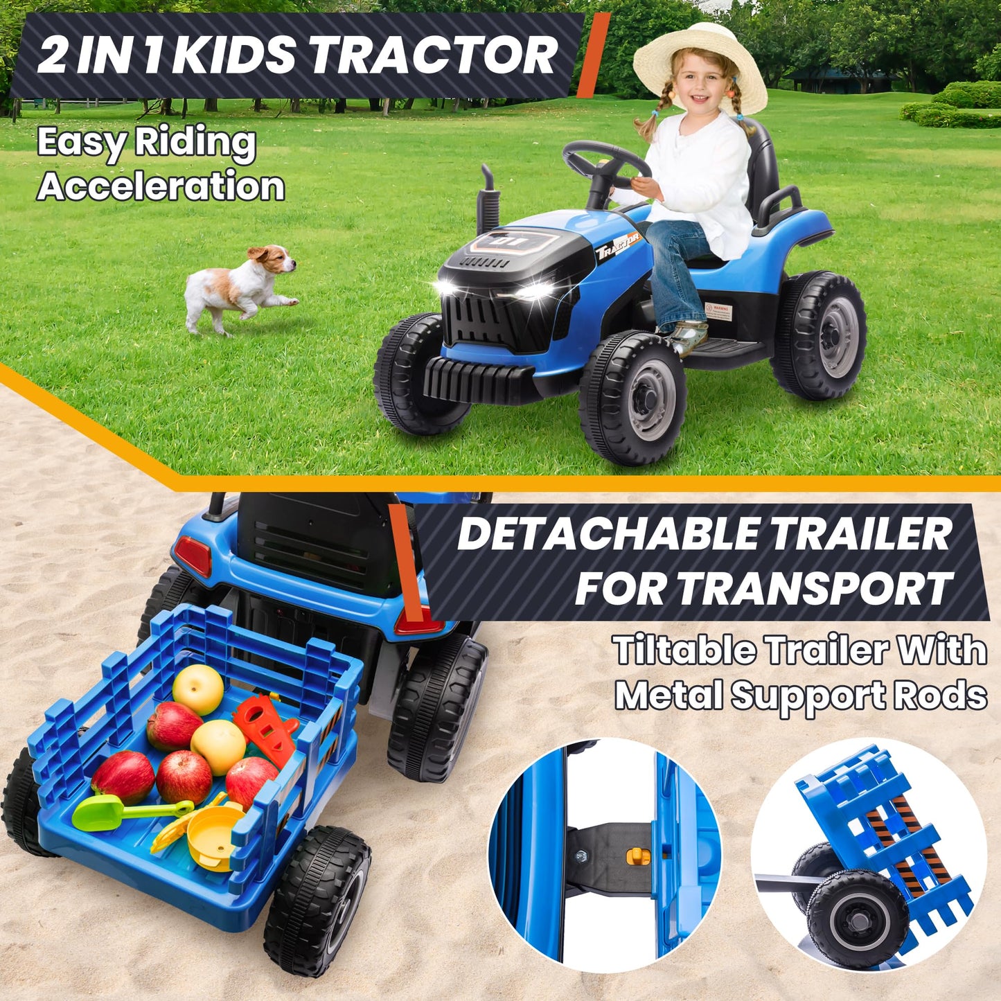 JOYRACER 24V Ride On Tractor for Kids  Electric Ride on Toys w/400W Motors  Tiltable & Detachable Trailer  Adjustable Seat  Bluetooth  Music  Remote Control Electric Tractor for Kids  Blue