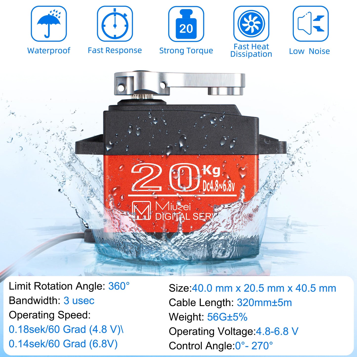 Miuzei 20KG High Torque RC Servo Motor, Metal Gear, Waterproof, DS3218, 270° Control Angle for R/C Models, DIY Cars, Robots