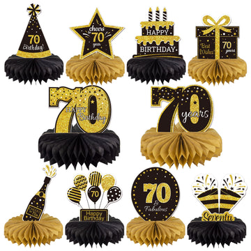 Gexolenu 10 Pcs 70Th Birthday Honeycomb Centerpieces Gold Black Cheers To 70 Years Birthday Centerpieces Tables Toppers For 70Th