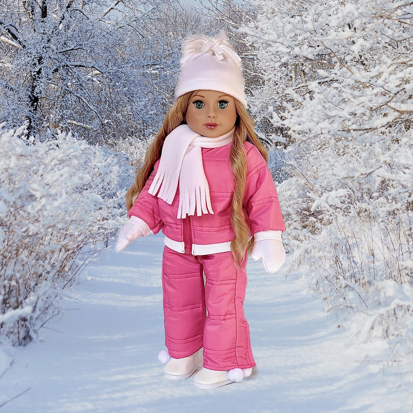 Dreamworld Collections Let It Snow - 7 Piece 18 Inch Doll Outfit - Complete Snowsuit - Pink Snow Pants, Jacket, White Turtleneck, Hat, Scarf, Mittens And Boots - (Doll Not Included)