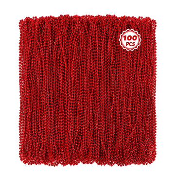 100 Pcs Christmas Beads Bulk, 33'' Valentines Day Beads Necklaces, Mardi Gras Beads Necklaces Bulk, Red Round Beads For Parade T