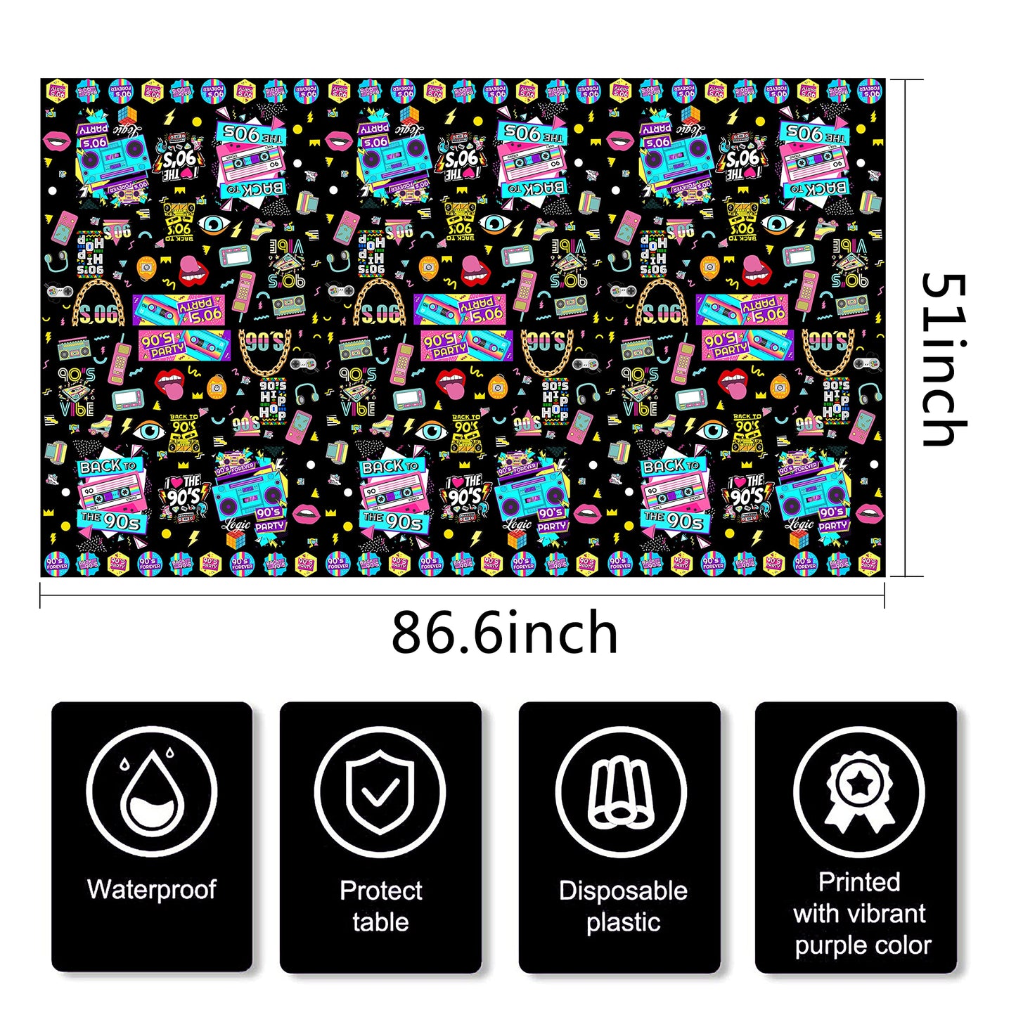 WOXIN 3 Pack 90s Party Tablecloth, Back to 90s Hip Hop Party Birthday Table Cover for 1990s Theme Party Decorations Supplies