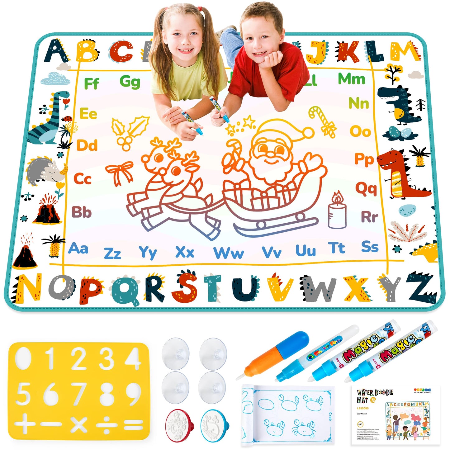 Tecjoe Water Doodle Mat, 39 × 31 Inches Large Kids Painting Writing Water Drawing Mat, Mess Free Reusable Toddler Gift For Age 3 4 5 6 7 Years Old Girls Boys, Educational Toys Bring Magic Pens
