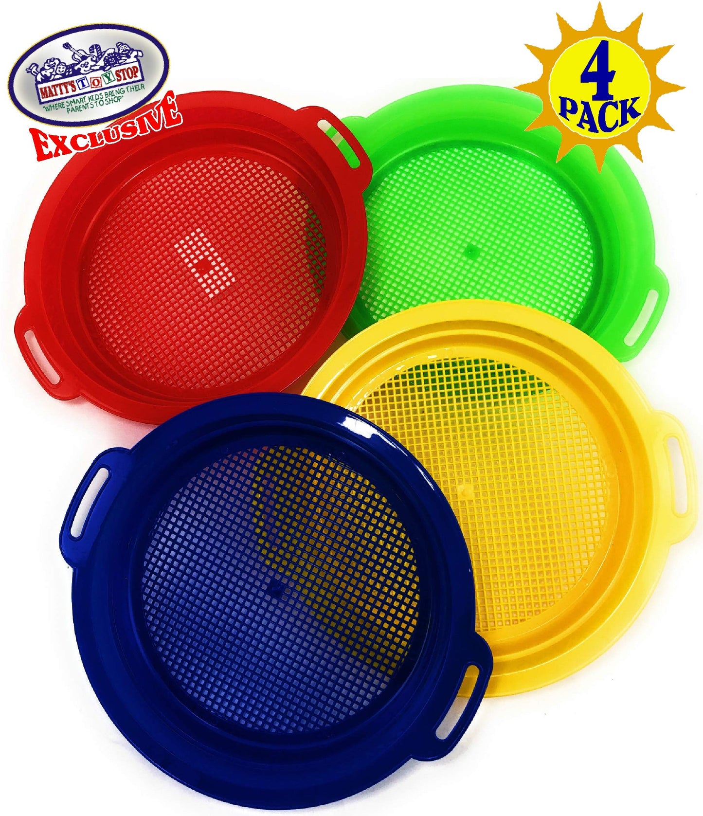 Matty'S Toy Stop Sand Sifter Sieves For Sand & Beach (Red, Blue, Yellow & Green) Complete Gift Set Bundle - 4 Pack (8.75'' X 9.7