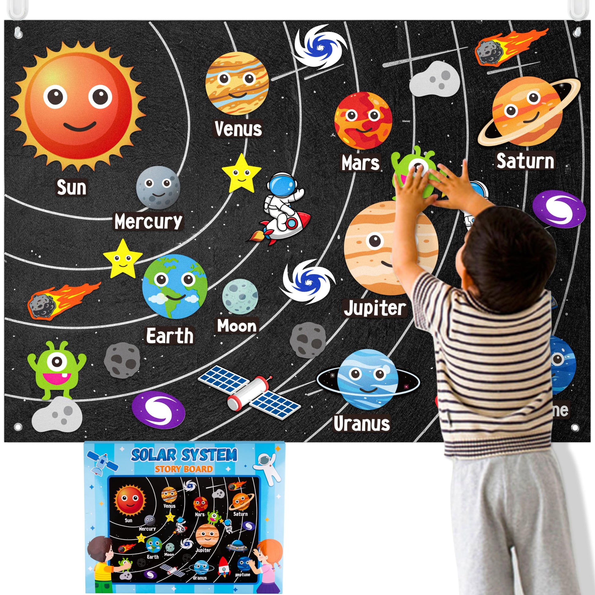 WATINC 44Pcs Outer Space Felt Story Board Set 3.5 Ft Solar System Universe Storytelling Flannel Interactive Play Kit with Hooks 