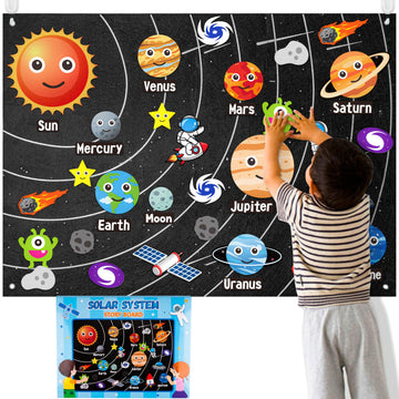 WATINC 44Pcs Outer Space Felt Story Board Set 3.5 Ft Solar System Universe Storytelling Flannel Interactive Play Kit with Hooks 