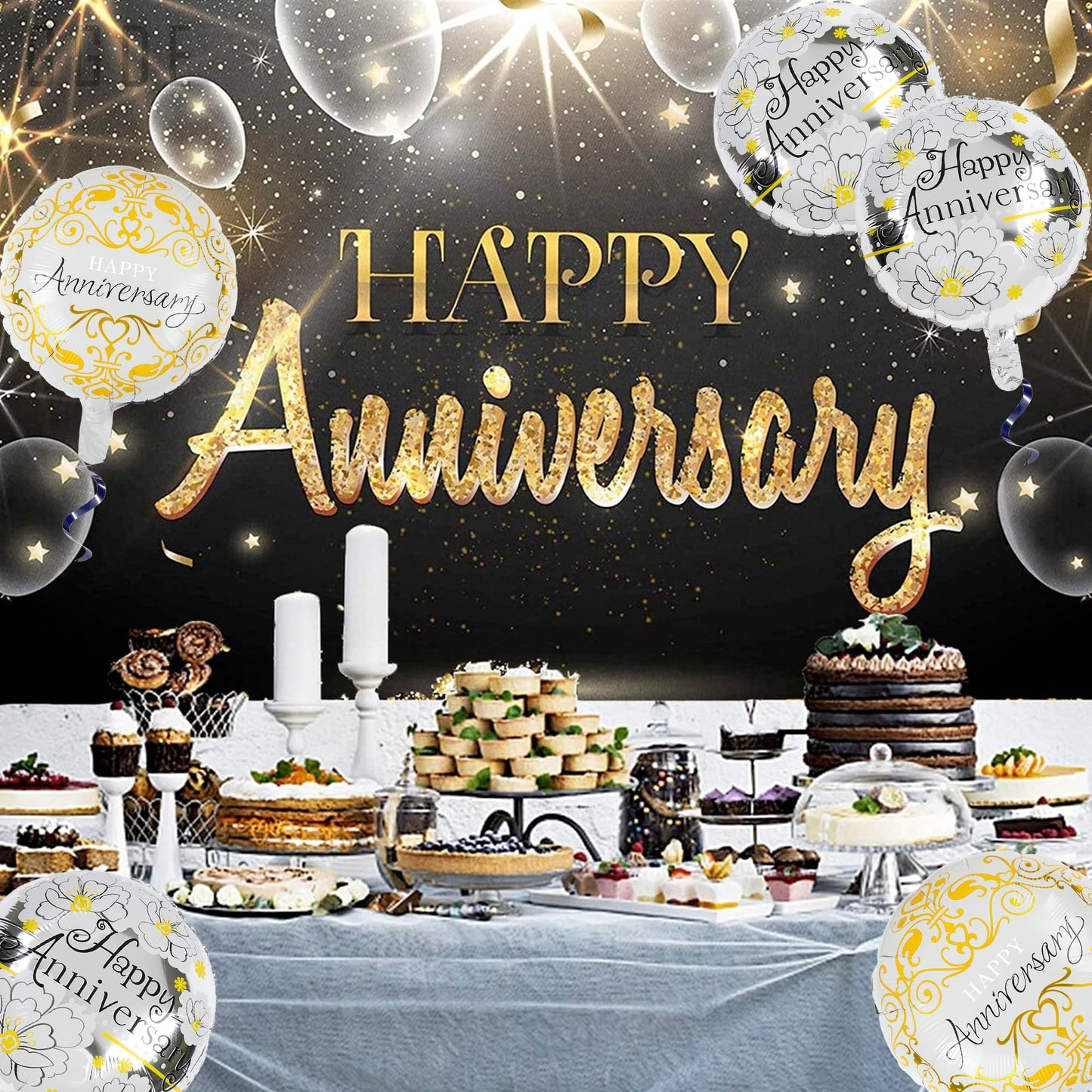 6 Pcs Anniversary Mylar Balloons Round Foil Helium Balloon Happy Birthday Party Decorations Supplies Photo Backdrop 18 Inch