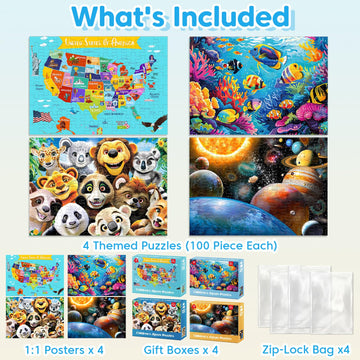 Jeacirio 4 Pack 100 Piece Puzzles For Kids Ages 4-6 - Jigsaw Puzzles For Kids Ages 6-8 8-10 100 Piece Jigsaw Puzzle For Adults T