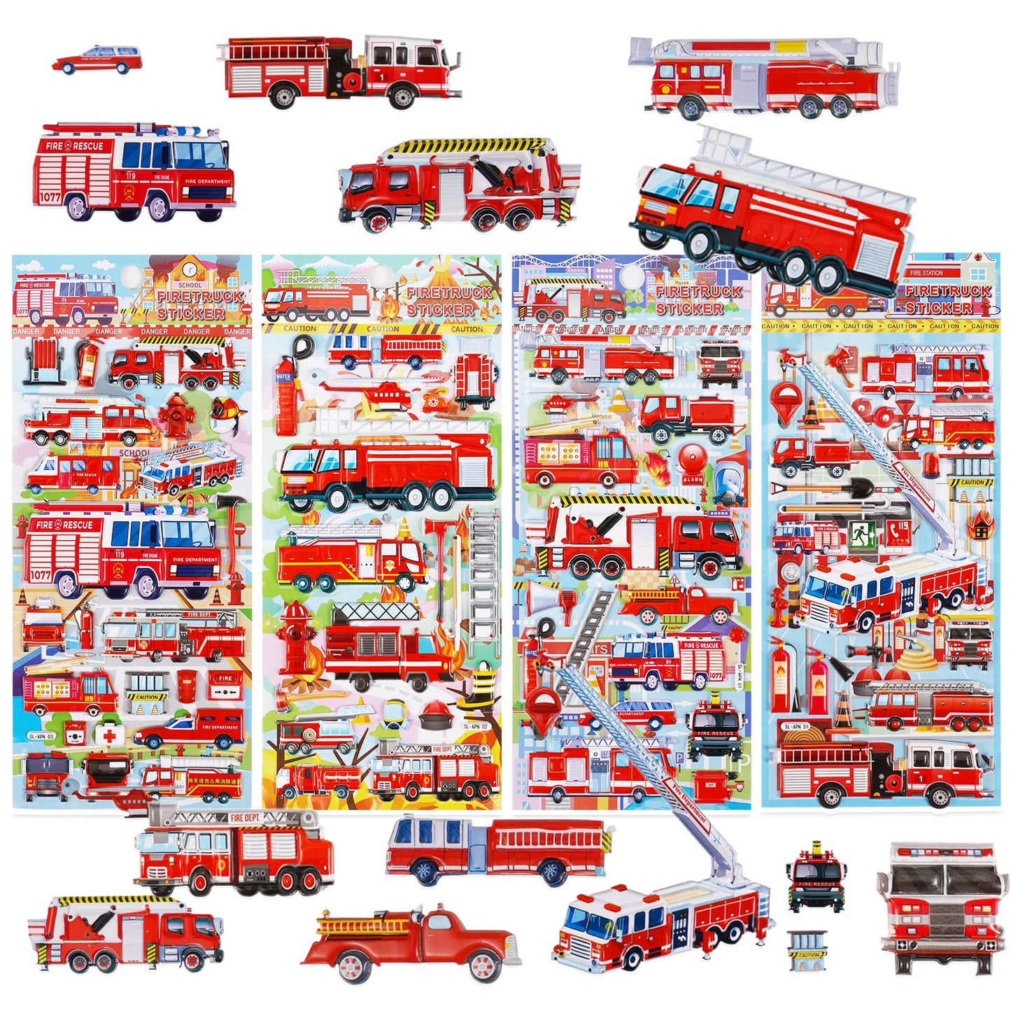 Fire Truck Stickers For Kids Toddlers,3D Puffy Fire Engine Stickers For Boys Girls, Including Firefighter Car Stickers And Fire Safety Stickers For Scrapbook, Firetruck Themed Party Favors, Emergency Vehicle Stickers 4 Pack.