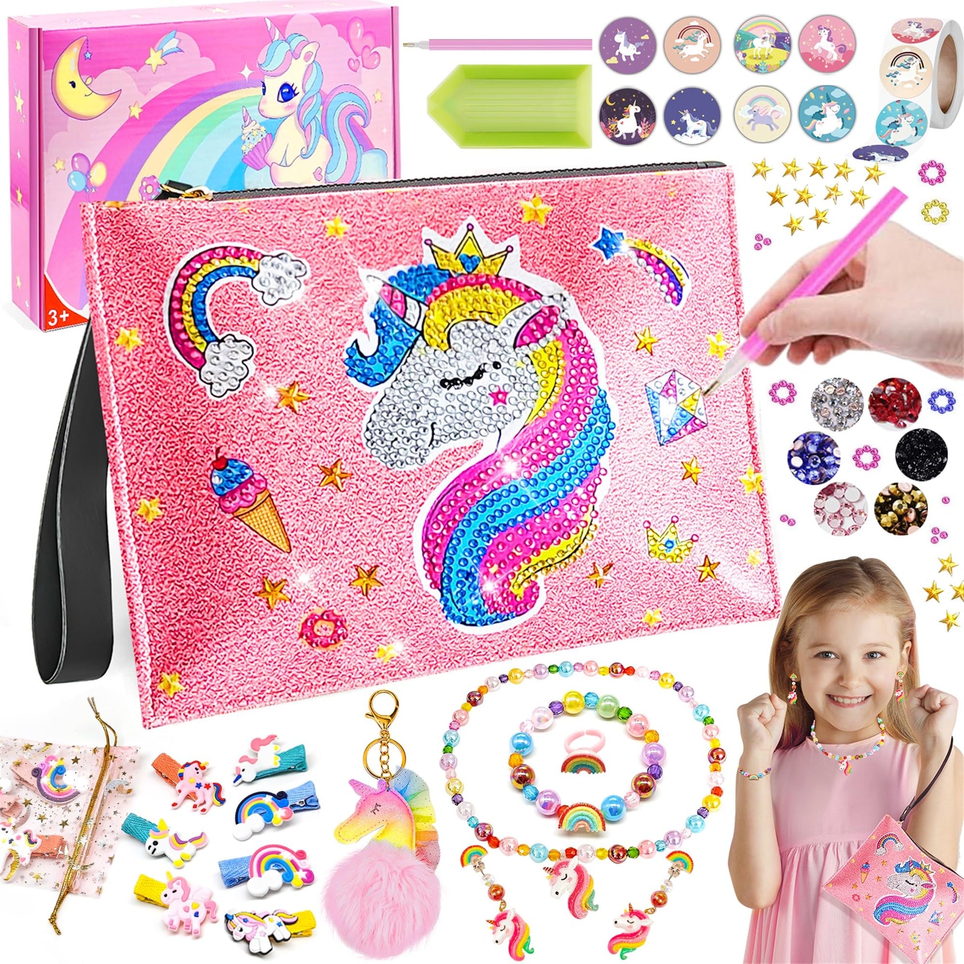 Unicorn Diamond Purse Kit for 5 6 7 8 9 Year Old Girls - Diamond Craft Purse with Sticker Earrings Hair Clips Bracelet Necklace 