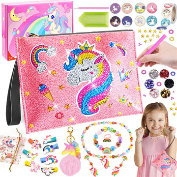 Unicorn Diamond Purse Kit for 5 6 7 8 9 Year Old Girls - Diamond Craft Purse with Sticker Earrings Hair Clips Bracelet Necklace 