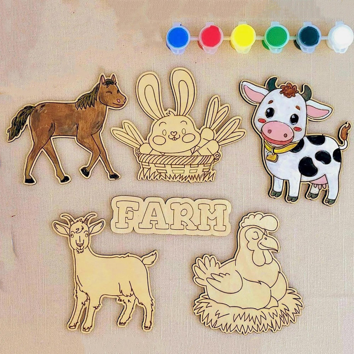 Cliths Set Of 6 Wooden Farm Animal Painting Kit EcoFriendly Mdf Cutouts For Kids Diy Art 4.3X4.7 Inch Cow, Horse, Goat, Chicken