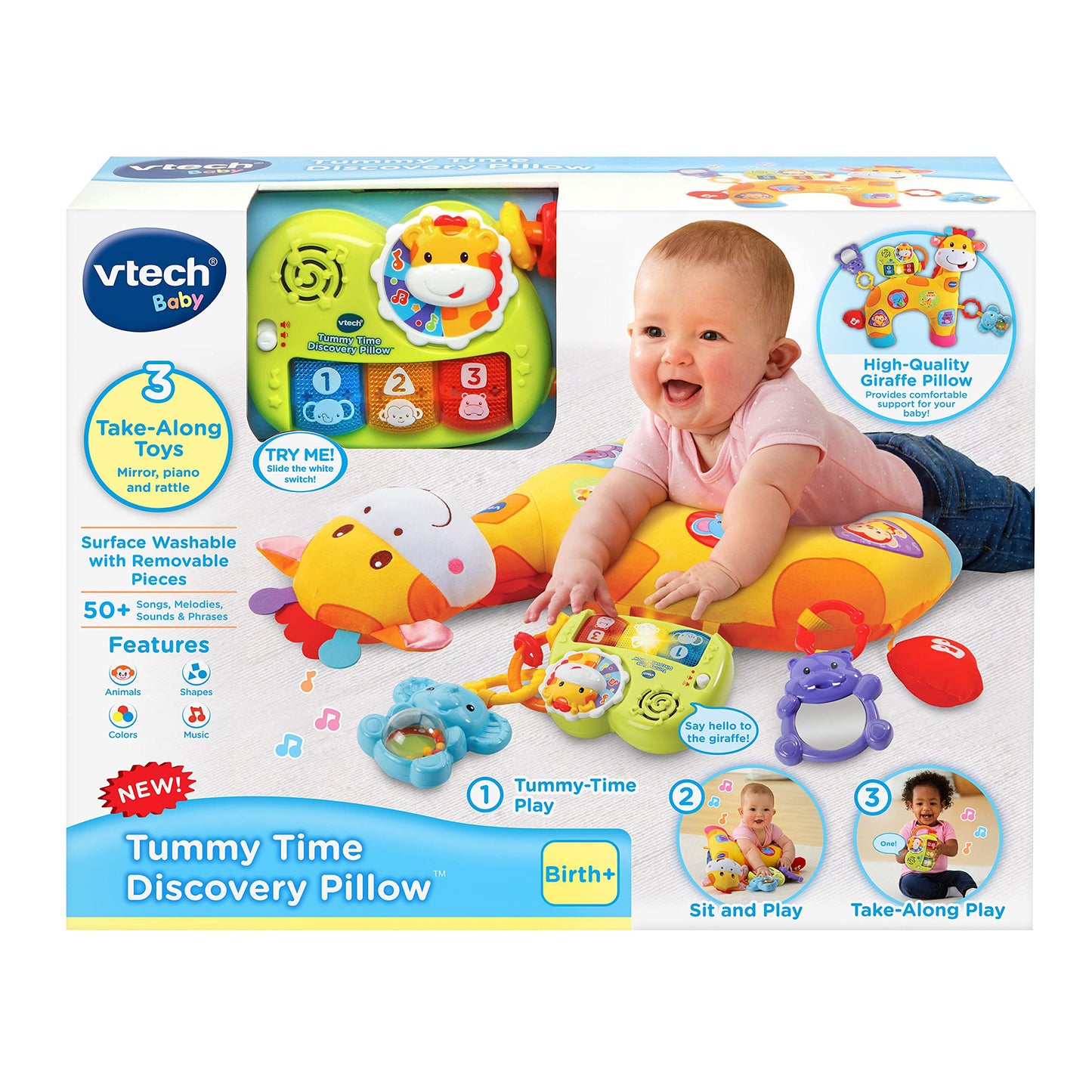 VTech Tummy Time Discovery Pillow - Multicolor, 3.94"x15.75"x27.17", Durable Plastic, Model 80-506800
