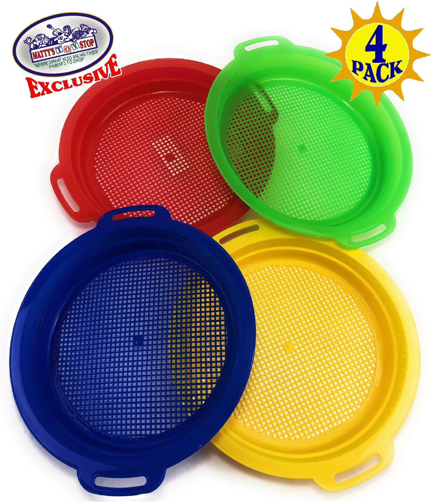 Matty'S Toy Stop Sand Sifter Sieves For Sand & Beach (Red, Blue, Yellow & Green) Complete Gift Set Bundle - 4 Pack (8.75'' X 9.7