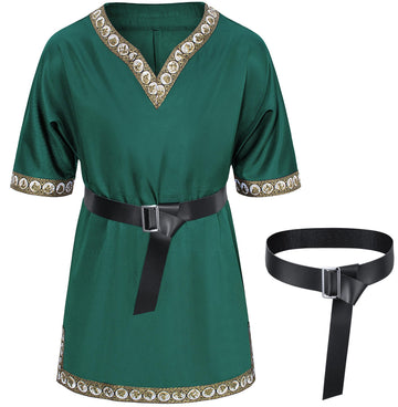 Kids Medieval Costume Boys Viking Tunic Knight Warrior Renaissance Shirts With Belt 8-10 Years Green