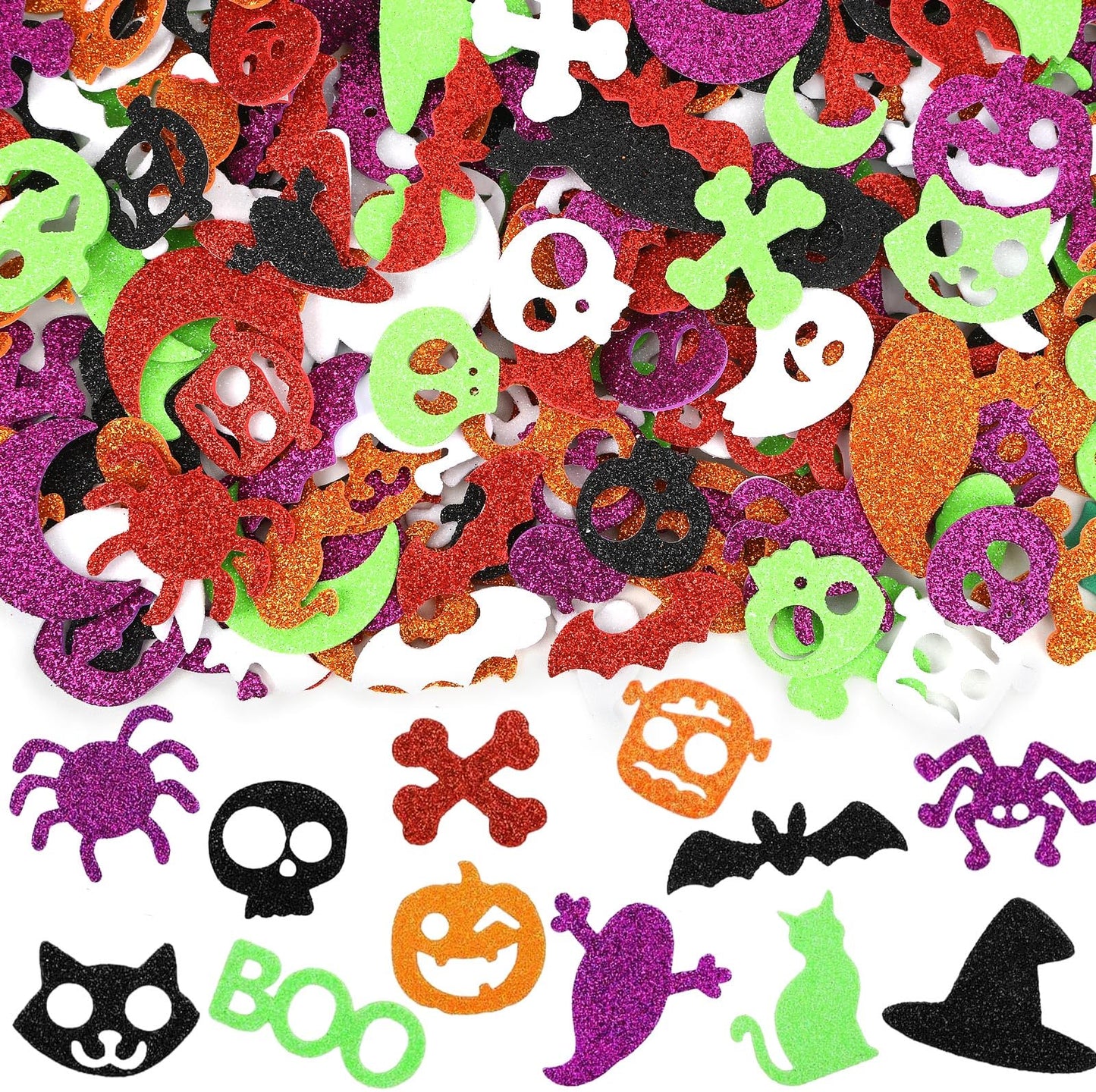 JULBEAR 300 Pieces Halloween Foam Stickers Glitter Self-Adhesive Pumpkin Spider Bat Craft Stickers for Kids Halloween Party Favo