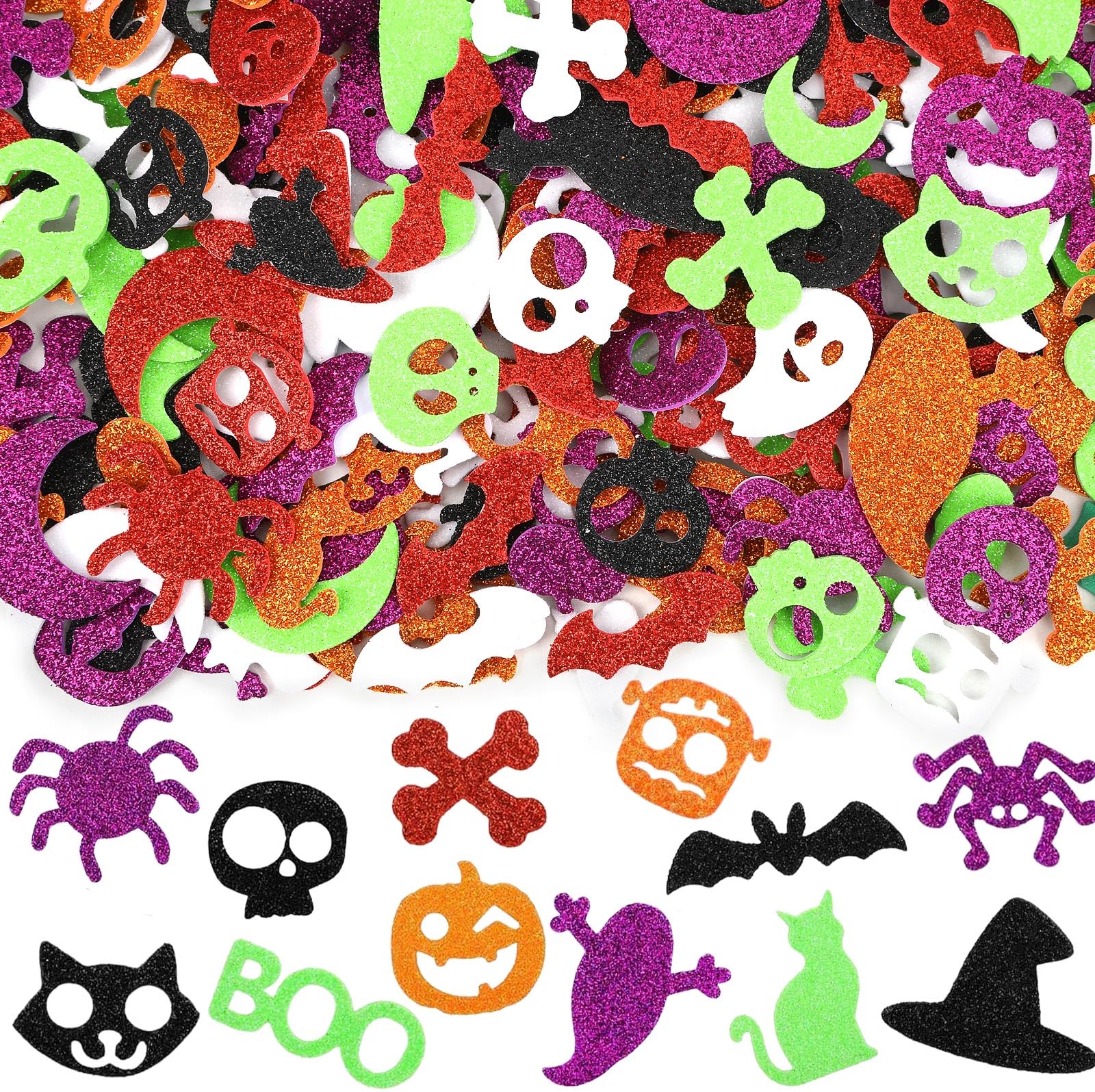 JULBEAR 300 Pieces Halloween Foam Stickers Glitter Self-Adhesive Pumpkin Spider Bat Craft Stickers for Kids Halloween Party Favo